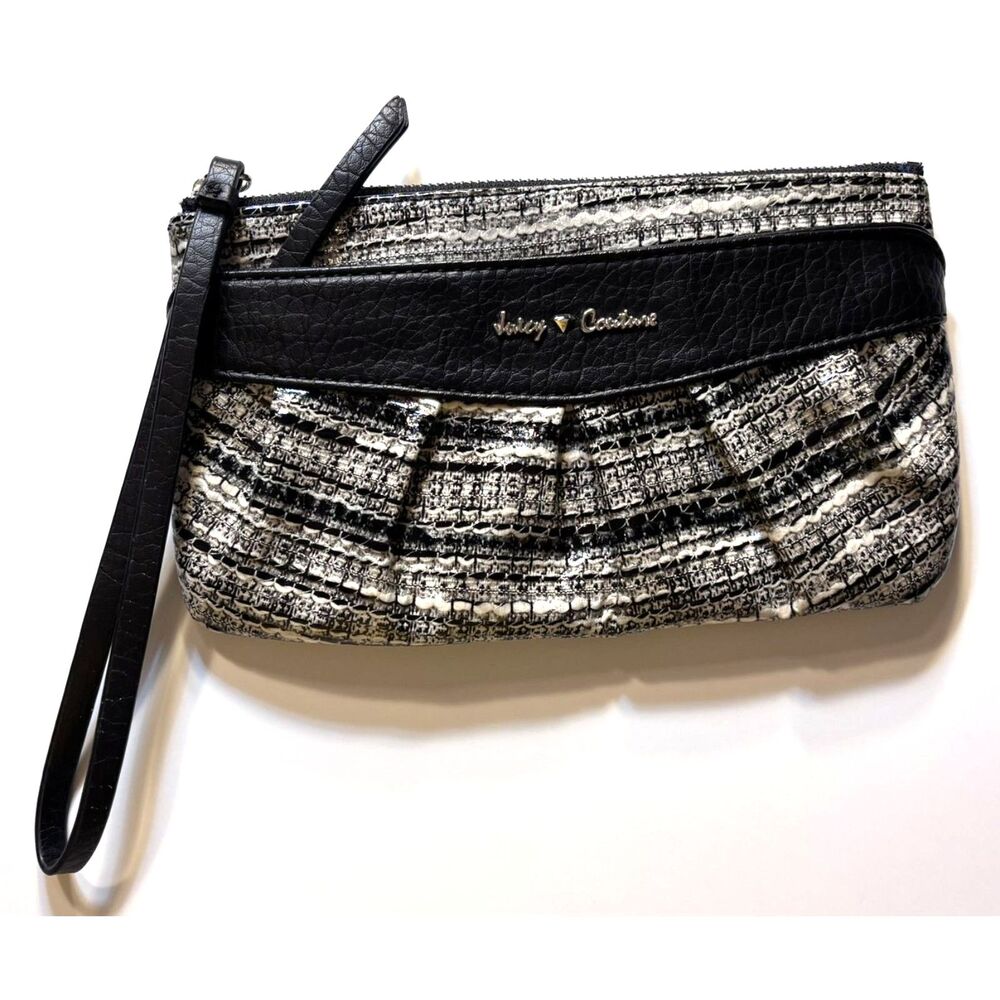 Juicy Couture Black & White Wristlet Clutch Wallet PVC Faux Leather Trim NWOT